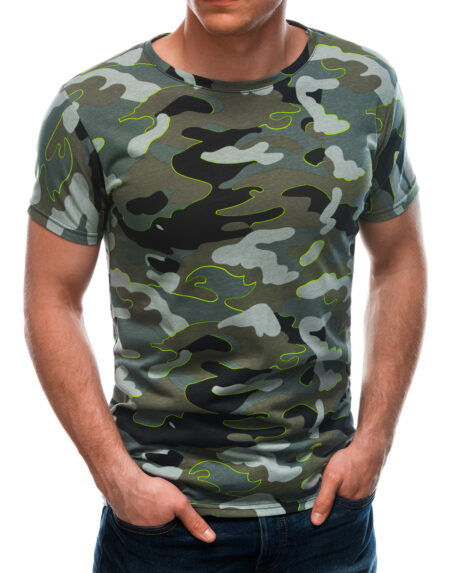 Heren t-shirt met opdruk S1666 - groen/camo - sale
